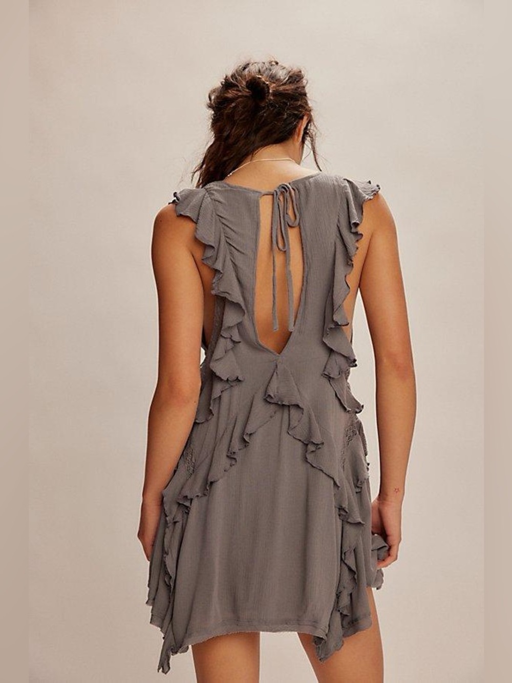 Ruffled Short Jumpsuit with Tassel Waist in Gray